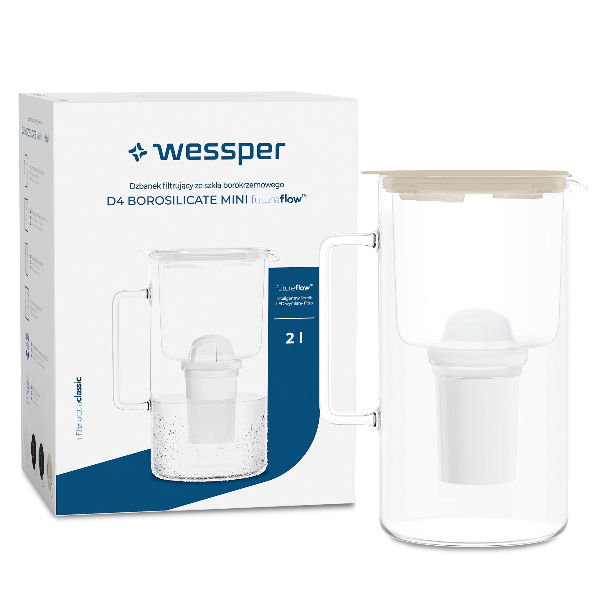 Wessper Carafe Filtrante en Verre avec Cartouches Filtrantes pour Eau Potable 2 l, Pichet en Verre avec Compteur de Filtre Intelligent, Kit comprenant 1x filtre à charbon actif- Beige