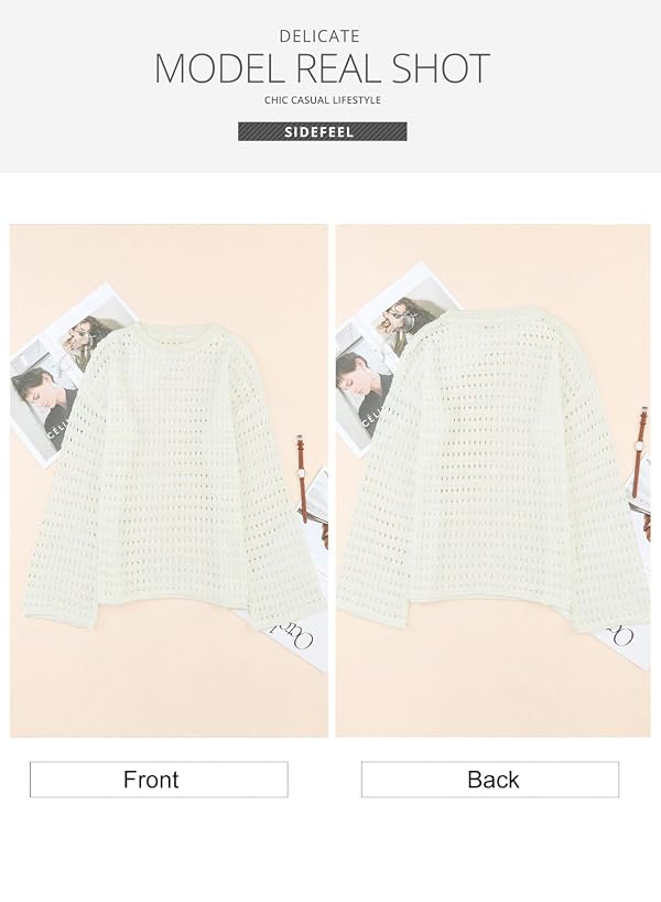 Sidefeel Womens Fall Outfit 2025 Lightweight Sweater Crochet Hollow Out Knit Winter Clothes Medium White by Sidefeel - Used condition - Image 4