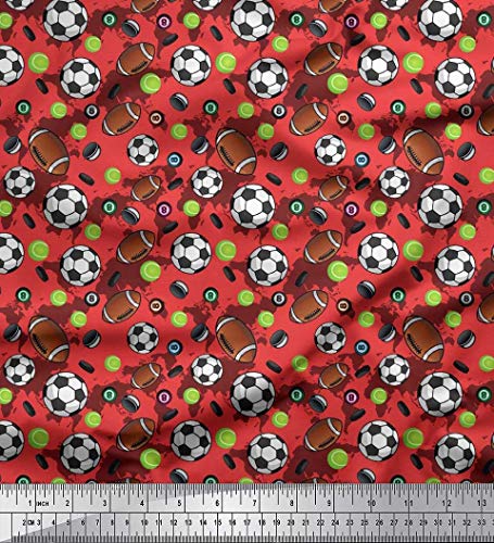 Soimoi Silk Orange Fabric - by The Yard - 42 Inch Wide - Cricket Ball, Rugby & Football Sports - Tri-Sport Extravaganza with Cricket Ball, Rugby, and Football Prints Printed Fabric