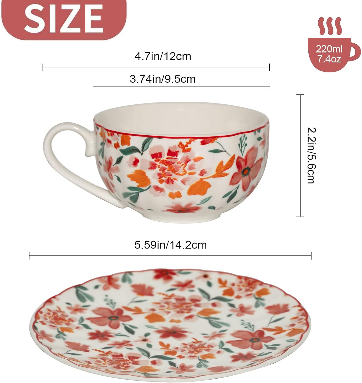 Cups and Saucers Coffee Tea Cups Set of 2 (7.4 oz/ 220ml) Ceramic Cup Espresso Mug Floral Porcelain Vintage Flower Pattern for Gifts, Gatherings, Receptions,Breakfast, Home - Image 3