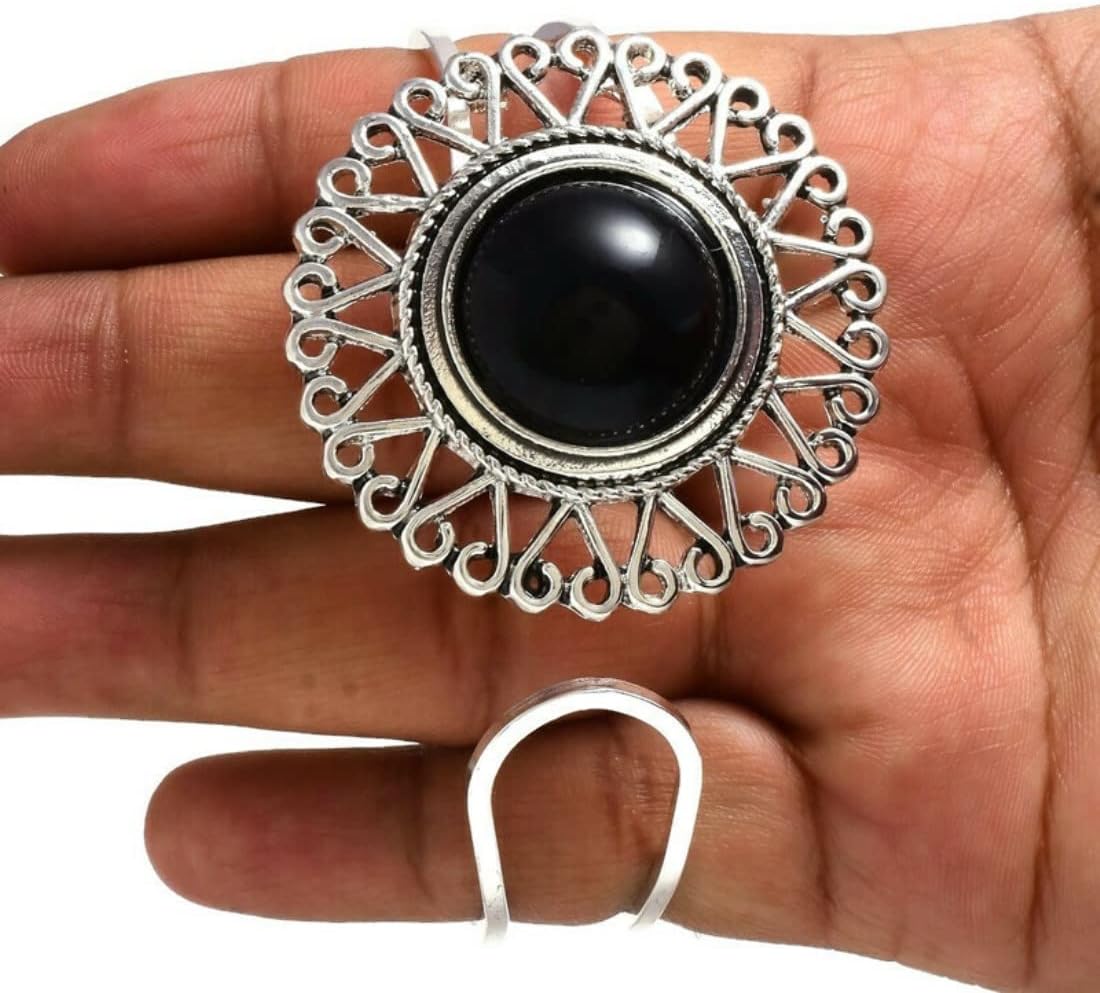 Mid Night Black Onyx Cabochon Round Gemstone Silver Plated Handmade Flower Cuff Bangle Bracelet