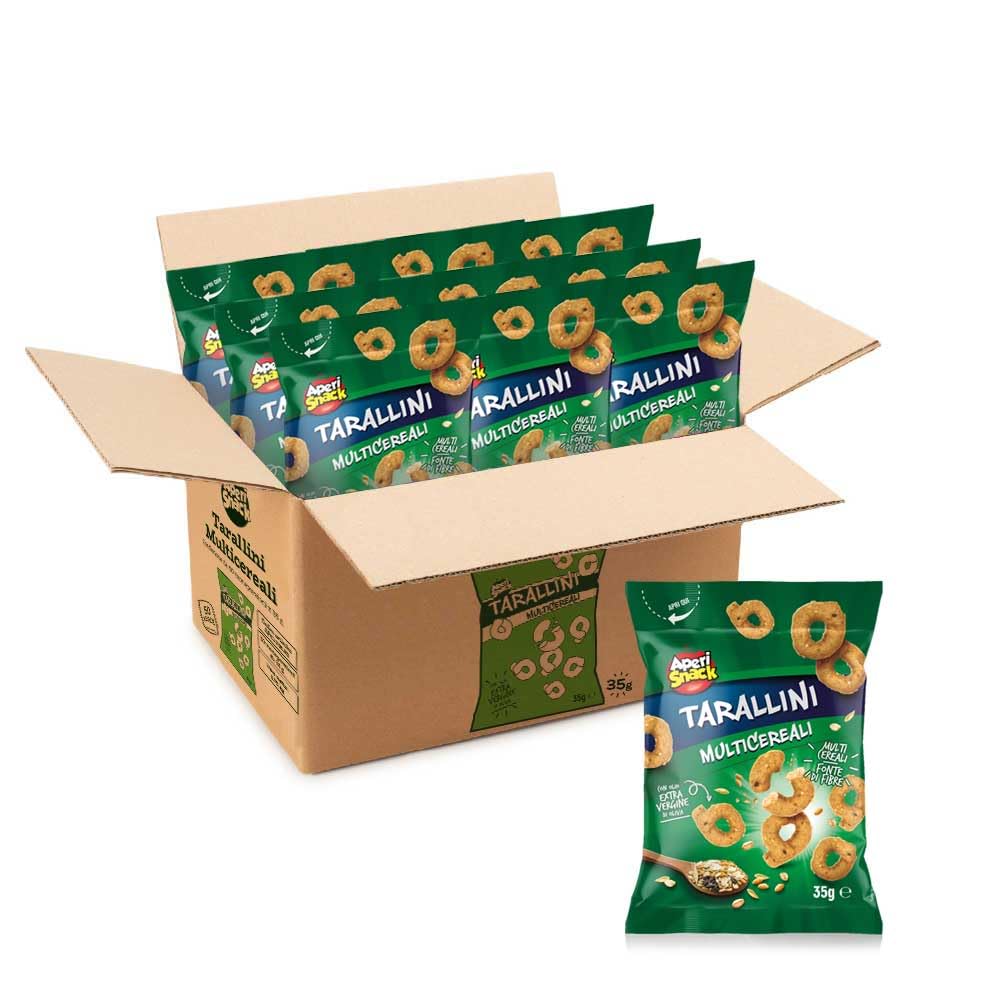Aperisnack® - AP01.016.03 Box 50 pz - Tarallini Multicereale Box 50pz Monoporzione 35g Snack Salati Ideali per l'Aperitivo e Le tue Feste.Tarallini con Grano, Segale, Orzo, Grano Arso e Avena
