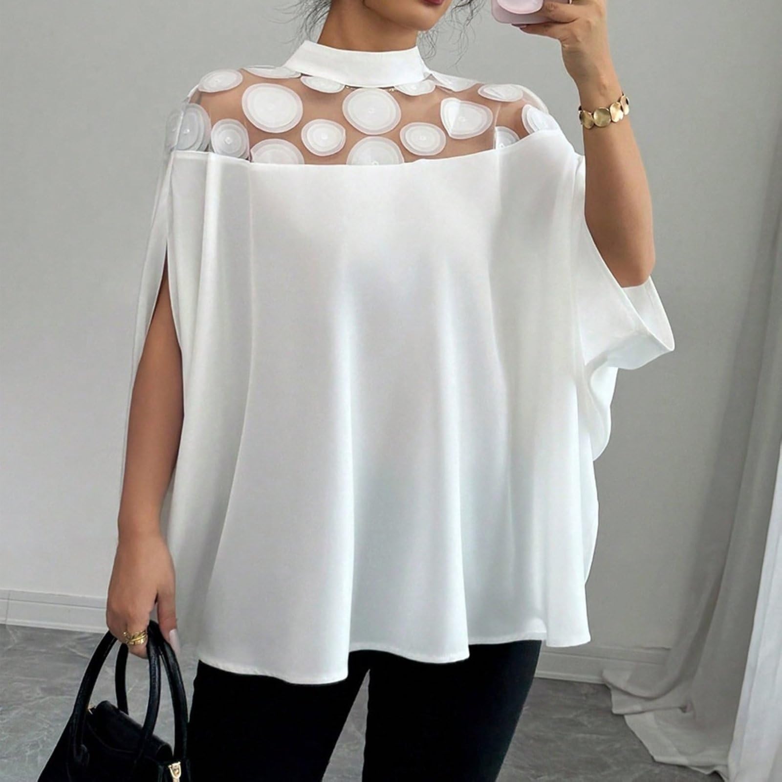 Top Oversize Fluidi Da Donna Maglie Trasparenti Con Inserto in Rete Colletto Alla Coreana Bluse Eleganti