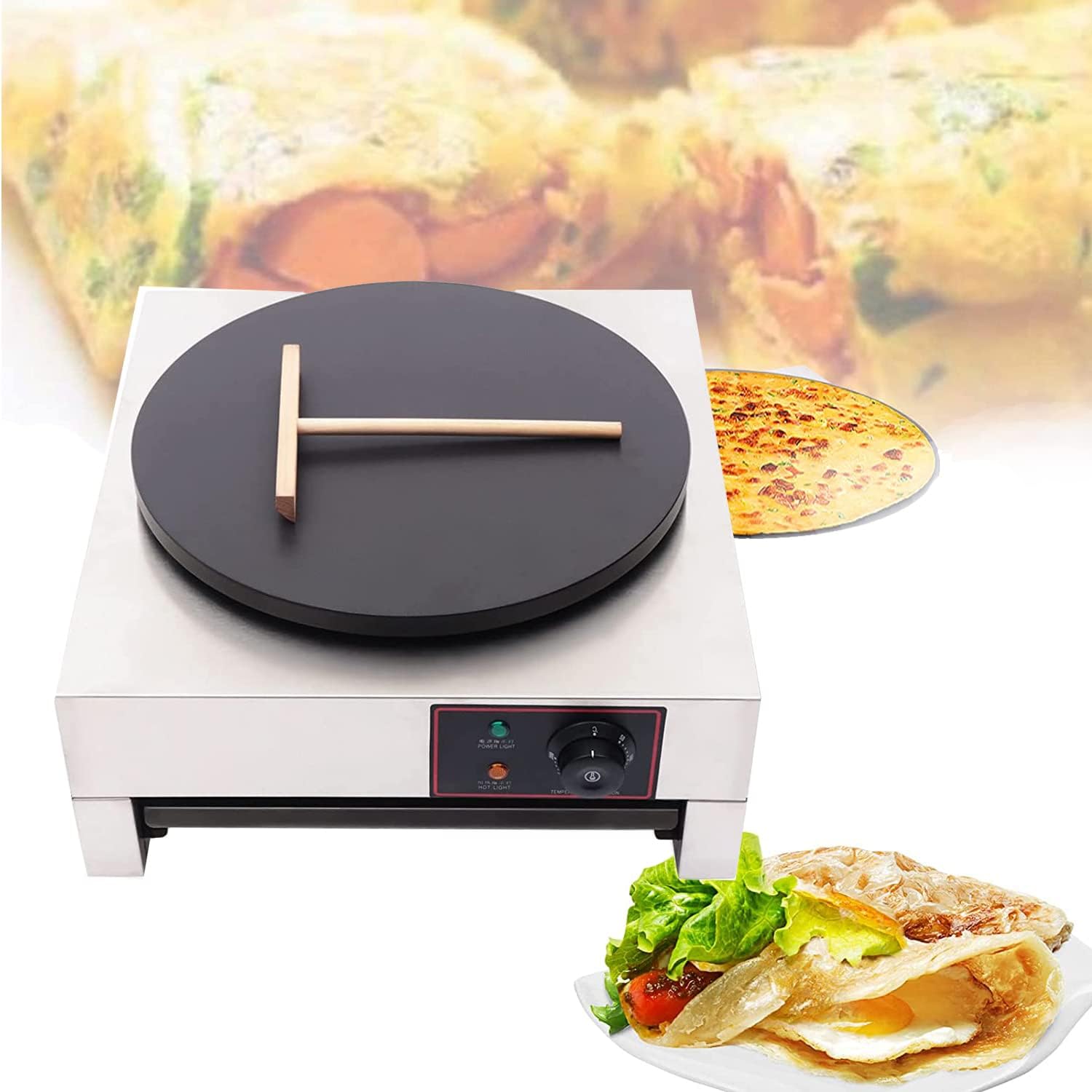 Non-Stick Electric Crepe Maker, 16in Round Commercial Pancake Maker, Adjustable Temperature for Blintzes, Eggs, Tortilla,6000W
