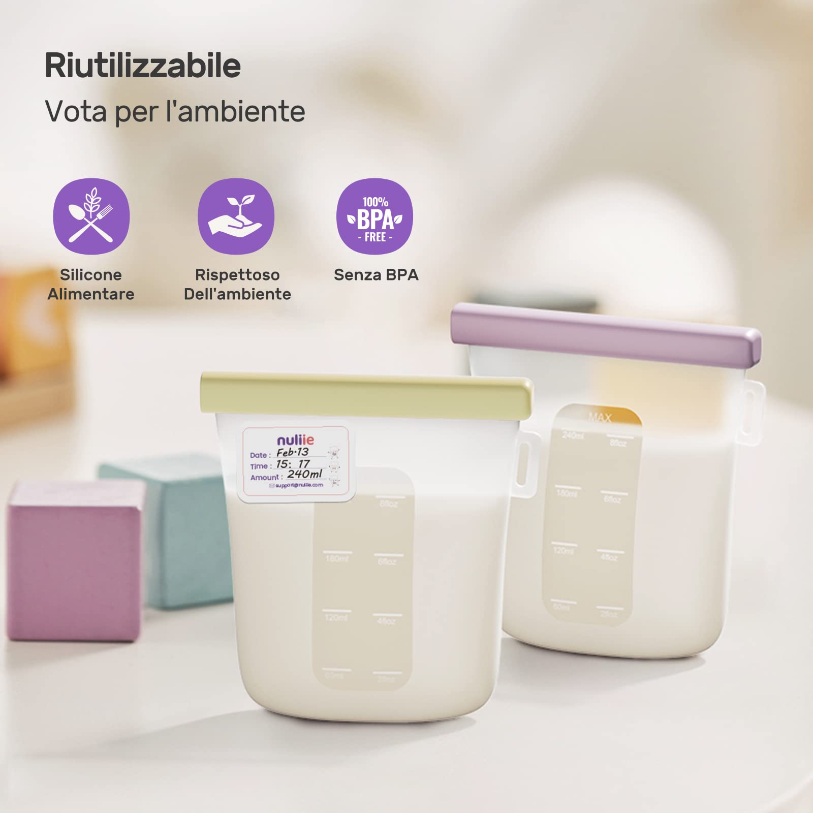 Nuliie 7 pezzi riutilizzabili contenitori latte materno, 8oz/240ml a prova di perdite, sacchetti latte materno in silicone alimentare per l'allattamento al seno, BPA Free, doppio sigillo, autoportante