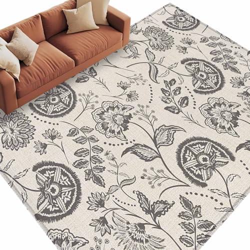 Farmhouse Grey Floral Washable Living Room Rugs 8'x10', Linen Boho
