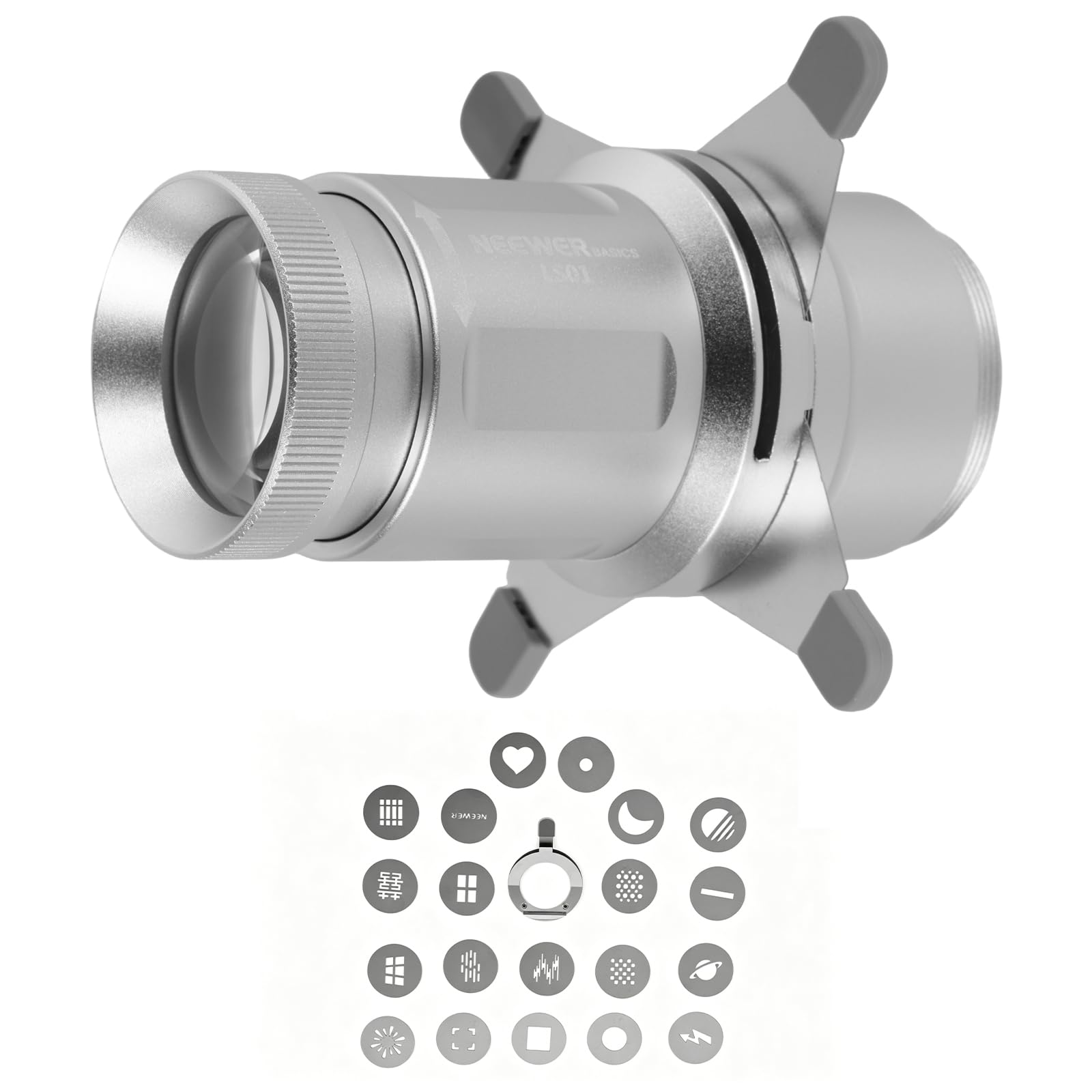 NEEWER BASICS Spotlight Snoot Óptico Cónico Solo para Linterna Fotográfica FL10/FL20/FL10P, Accesorio de Proyector 4 Veces Más Brillante con Enfoque Ajustable, 30° Ángulo Haz, 20 Gobos Metálicos, LS01