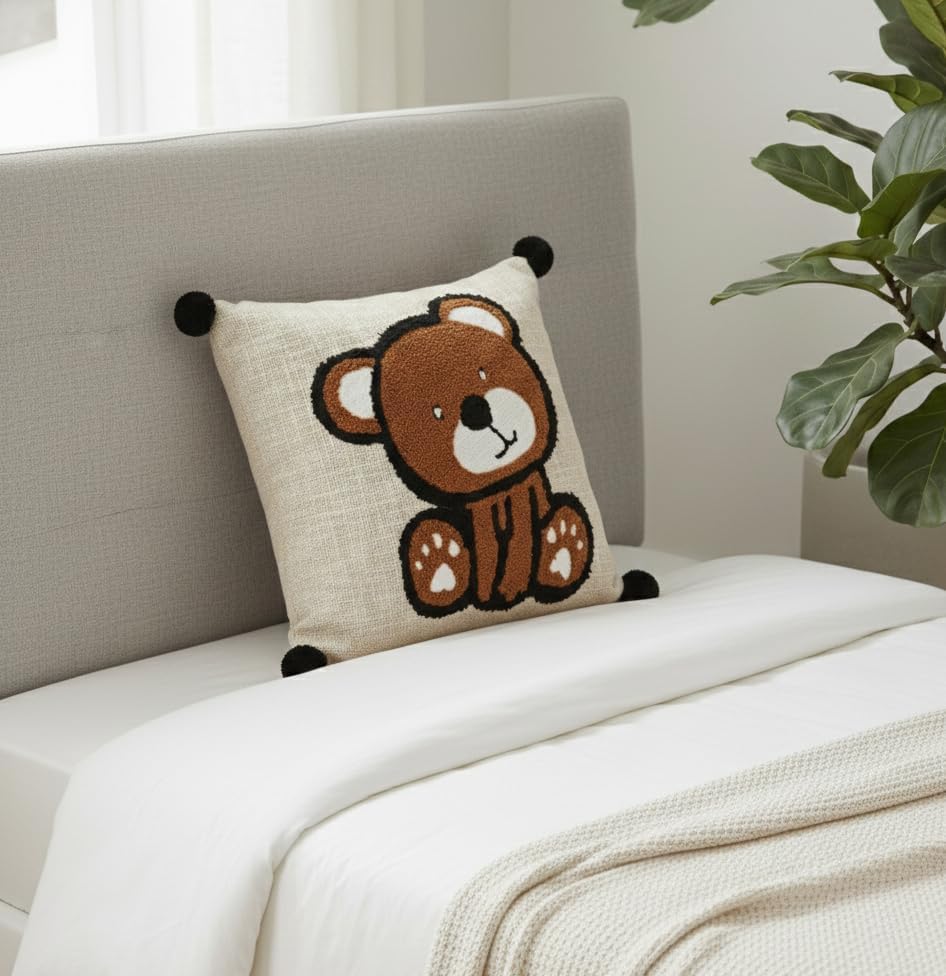Image of Cotton Fabric Cartoon Bear Embroidered Kids Cushion Cover for Sofa Set /Diwan Beds 16 x 16 Inches or 40x40 cms Cushion Covers, Sofa Throw Pillow Cover Only, Set of 1 Pc