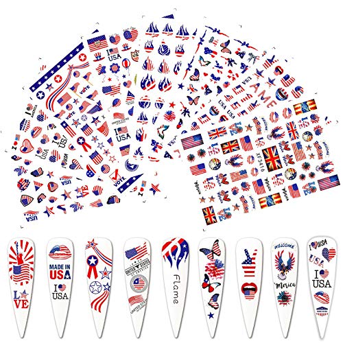 4th of July Nail Art Stickers Decals Patriotic Designer Nail Stickers 3D Nail Art Supplies Self Adhesive American Flag Heart Star Lips Butterfly Flame I Love America Nail Stickers (8 Sheets)