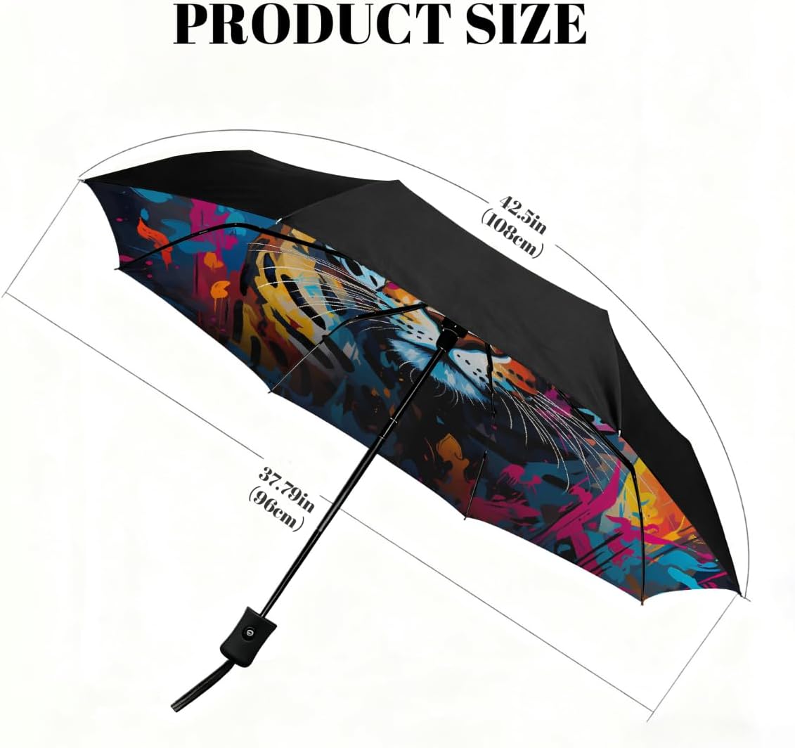 Abstract Painting Leopard Folding Umbrella Windproof Compact Lightweight Travel Umbrella with 8 Reinforced Ribs, Portable UV Sun & Rain Protection for Men & Women