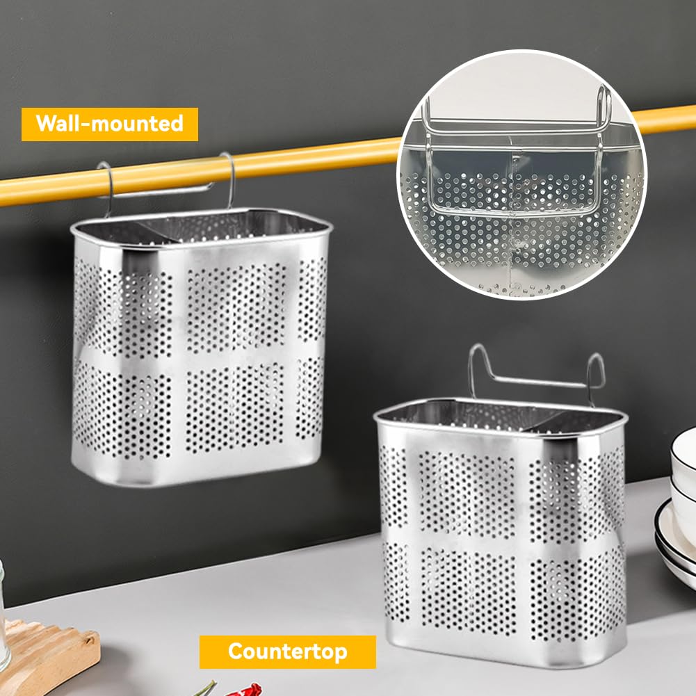 Portautensili da Cucina, 2 Scomparti, Porta Utensili da Cucina in Acciaio Inox, Scolapasta per Posate per La Cucina di Casa
