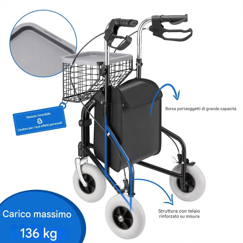 BAKAJI Deambulatore a 3 Ruote per Anziani, Disabili, Persone con Mobilità Ridotta, Walker Ergonomico con Freni e Carrello Portatutto, Borsa Portaoggetti con Zip, Struttura Rinforzata Capacità 136 kg