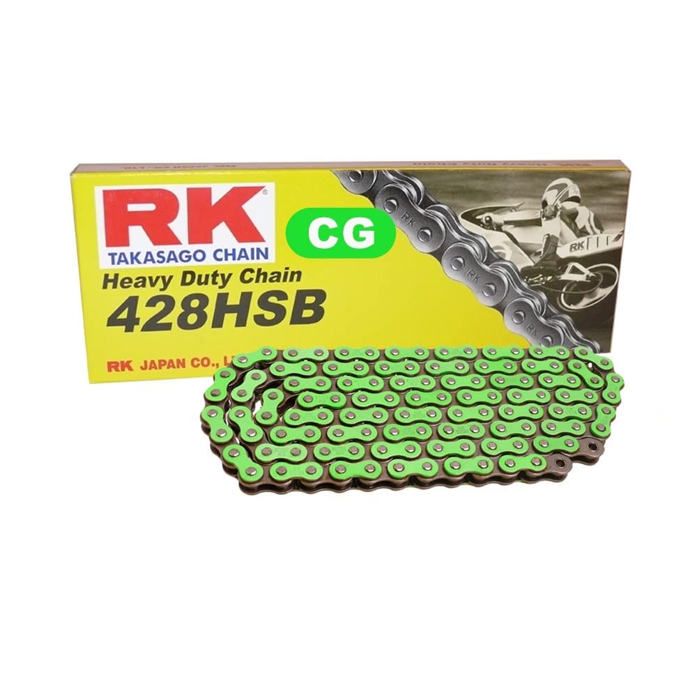 Motorrad Kette in GRÜN RK CG428HSB mit 108 Rollen und Clipschloss offen
