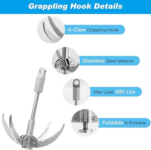 Miniatura 9 de CYFIE Gancho de agarre de diente de sierra de 3 garras de 4 garras, con cuerda auxiliar de 32.8 ft33 pies 0.315 in, mosquetón de garra de acero