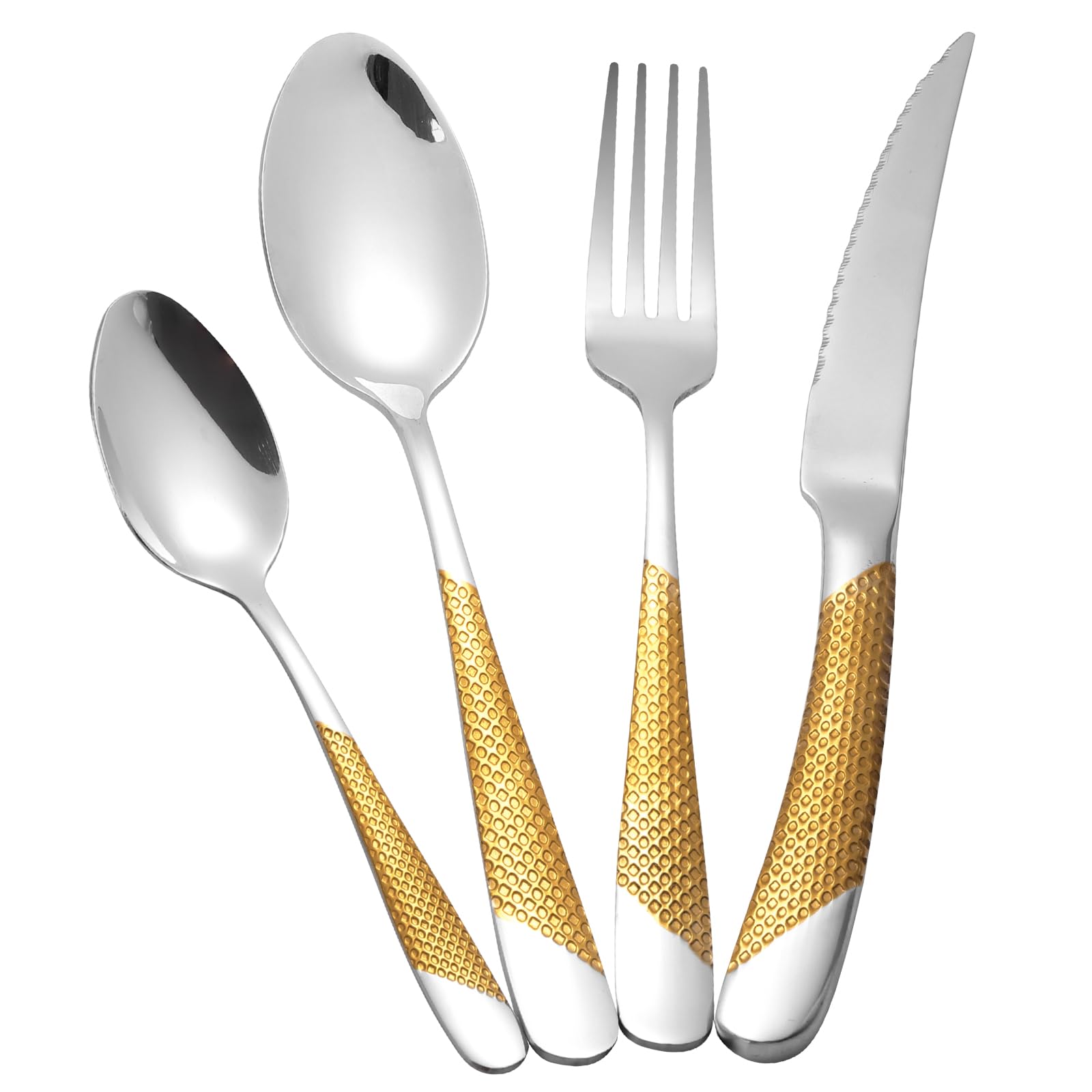 24-teiliges gehämmertes Besteckset, 18/10 Edelstahlbesteck, Besteckset für 6 Personen, Messer-Gabel-Löffel-Set(Gold Silber)