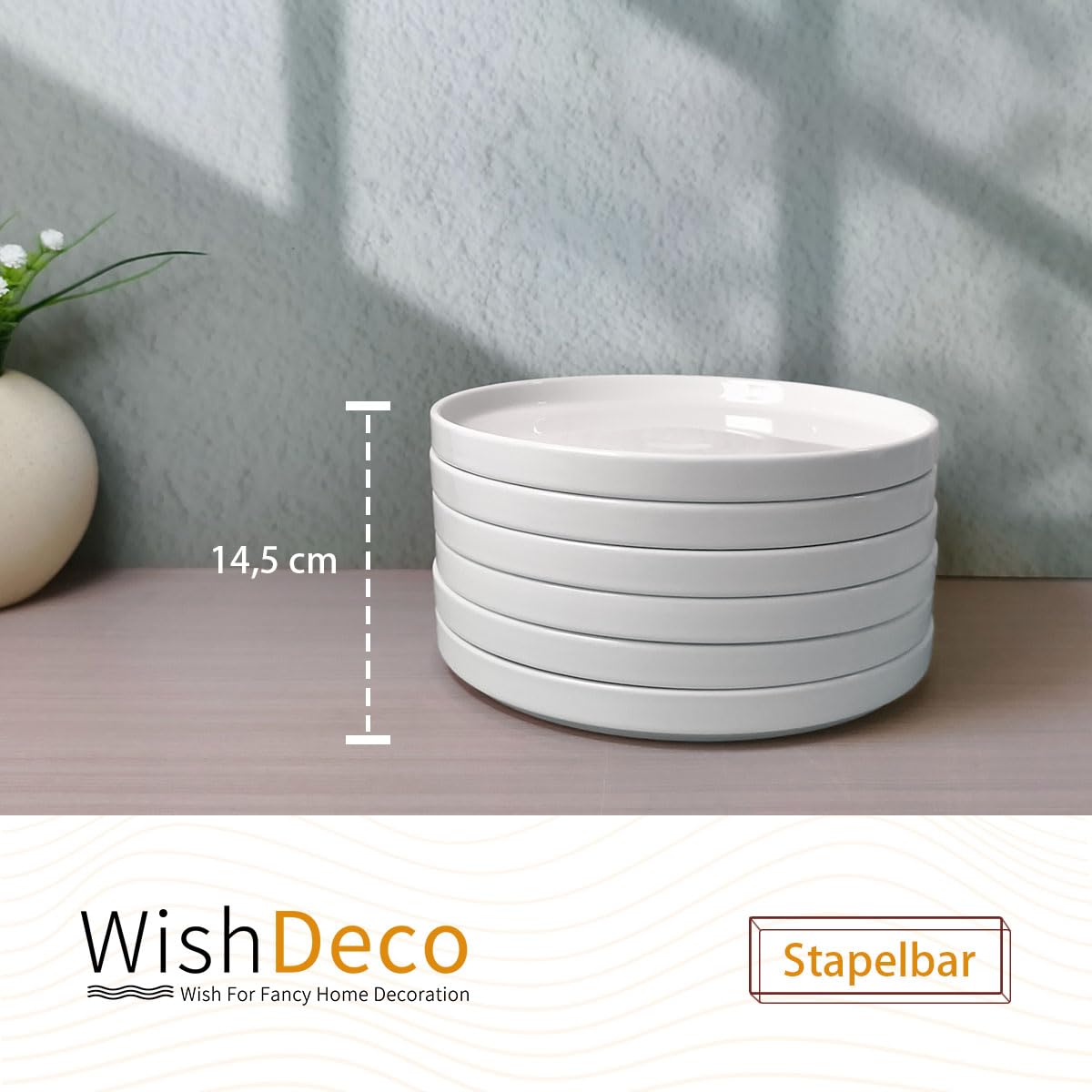 WishDeco Lot de 6 Assiettes à Dessert, Assiette Blanche Porcelaine 18 cm, Petite Assiette Ronde avec Rebord, Plat Ceramique pour Gâteau, Pain, Salade, Pâtes, Fruits