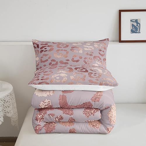 Miniatura 5 de Erosebridal Juego de edredón con estampado de guepardo, juego de ropa de cama con estampado de leopardo de color oro rosa, relleno de edredón de