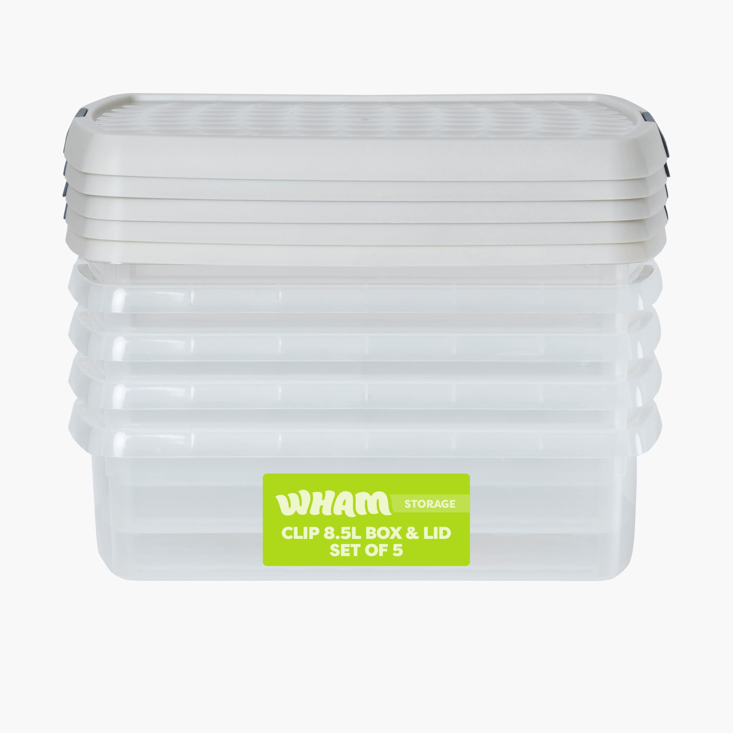 Wham Clear/Stone Clip 5 X 8.5L Rectangular Stackable Plastic Storage Boxes With Lids | Ideal For Home, Office, Toys & More | Storage Containers With Clip Locks | Made In Uk