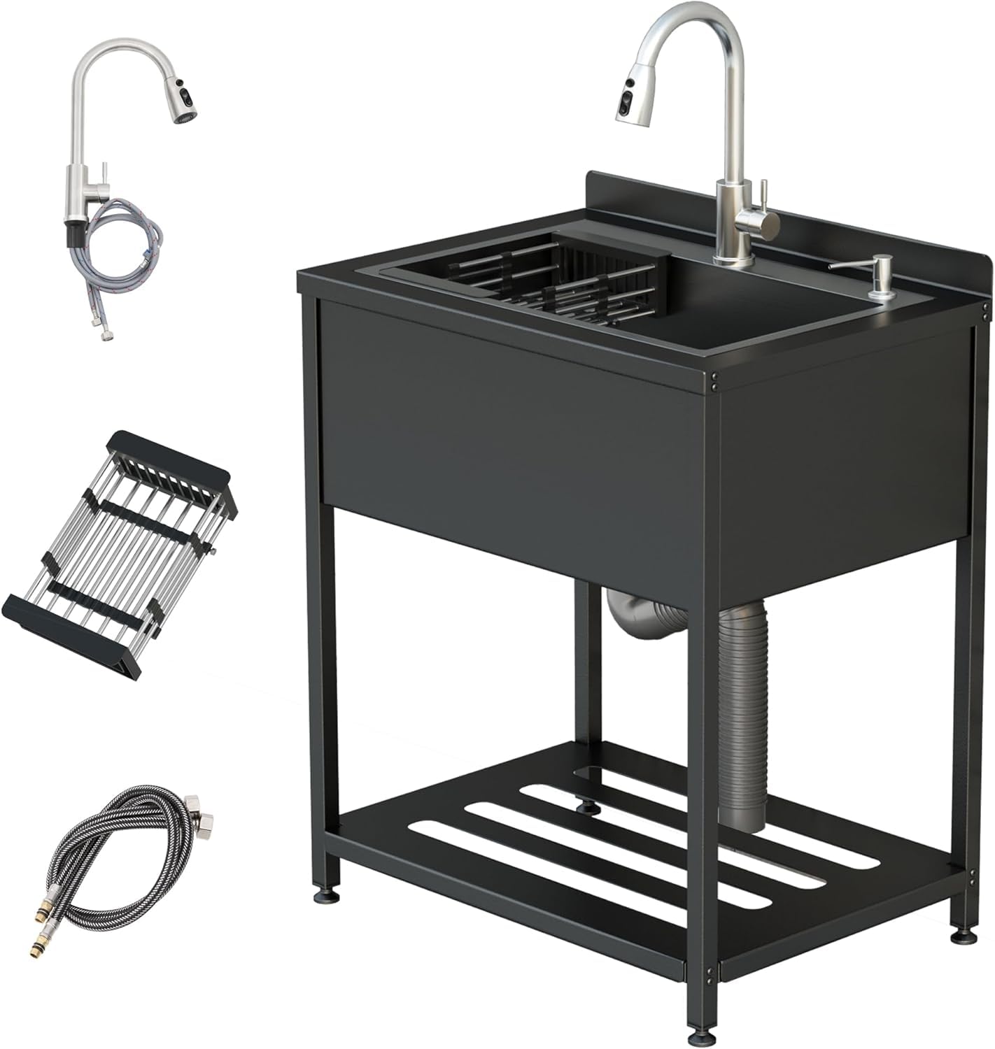 Lavello da cucina in acciaio inox, 1 vassoio professionale, 65 x 52 x 100 cm, indipendente con rubinetto e accessori, lavello esterno e interno, immersione in acciaio inox per cucina