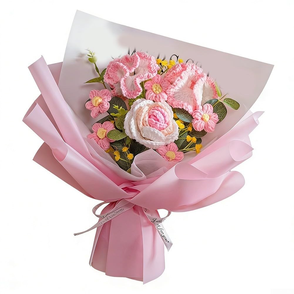 TVANTRUXIS Hand Woven Artificial Flowers, Hand Crocheted Knit Flower Bouquet Multicolor 30-35cm(Pink)