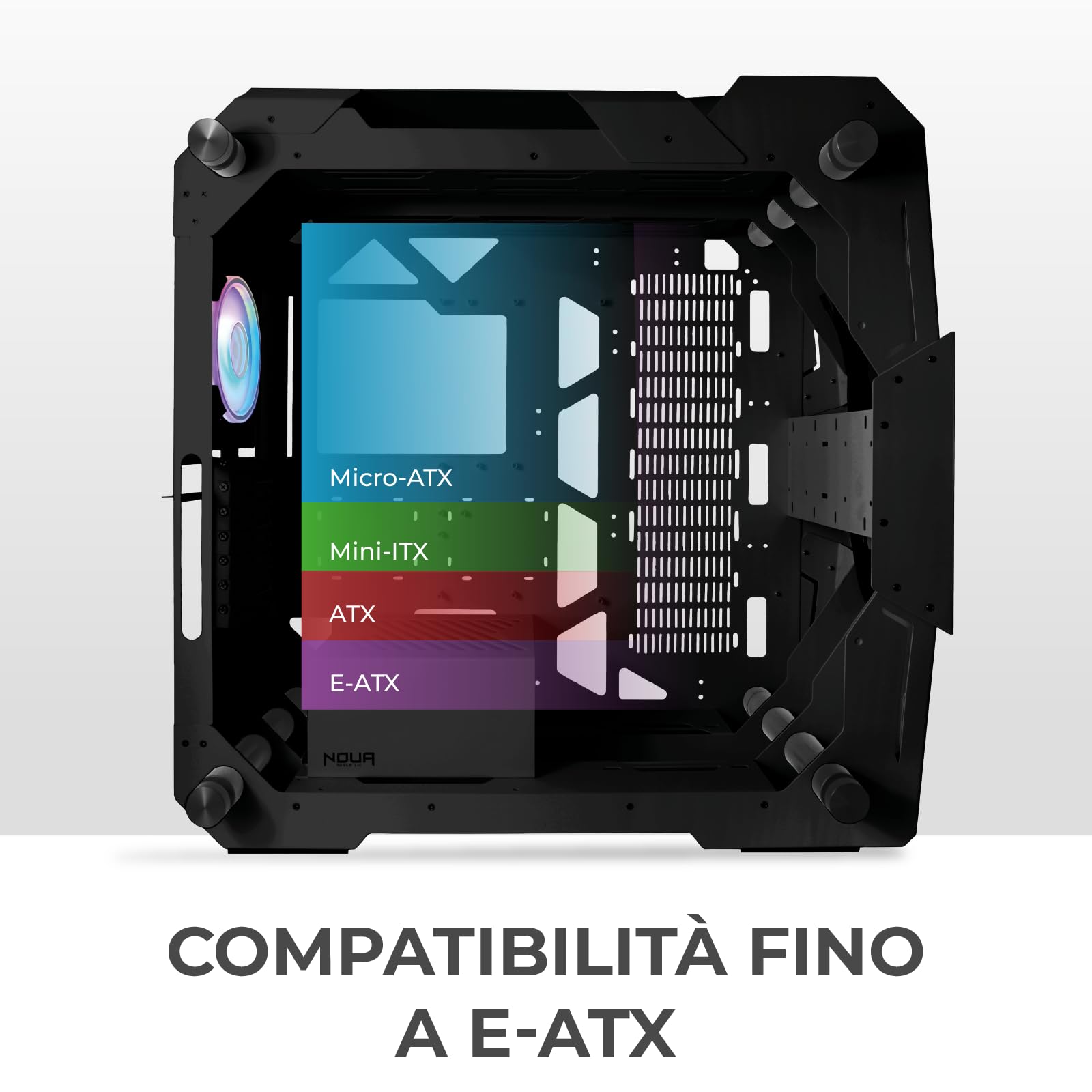 Noua Ego | Case PC Gaming Full Tower | Supporta E-ATX | 1.2mm SPCC | Ventola PWM ARGB | Supporta Radiatori da 360 mm | Pannelli Laterali in Vetro Temperato, Nero