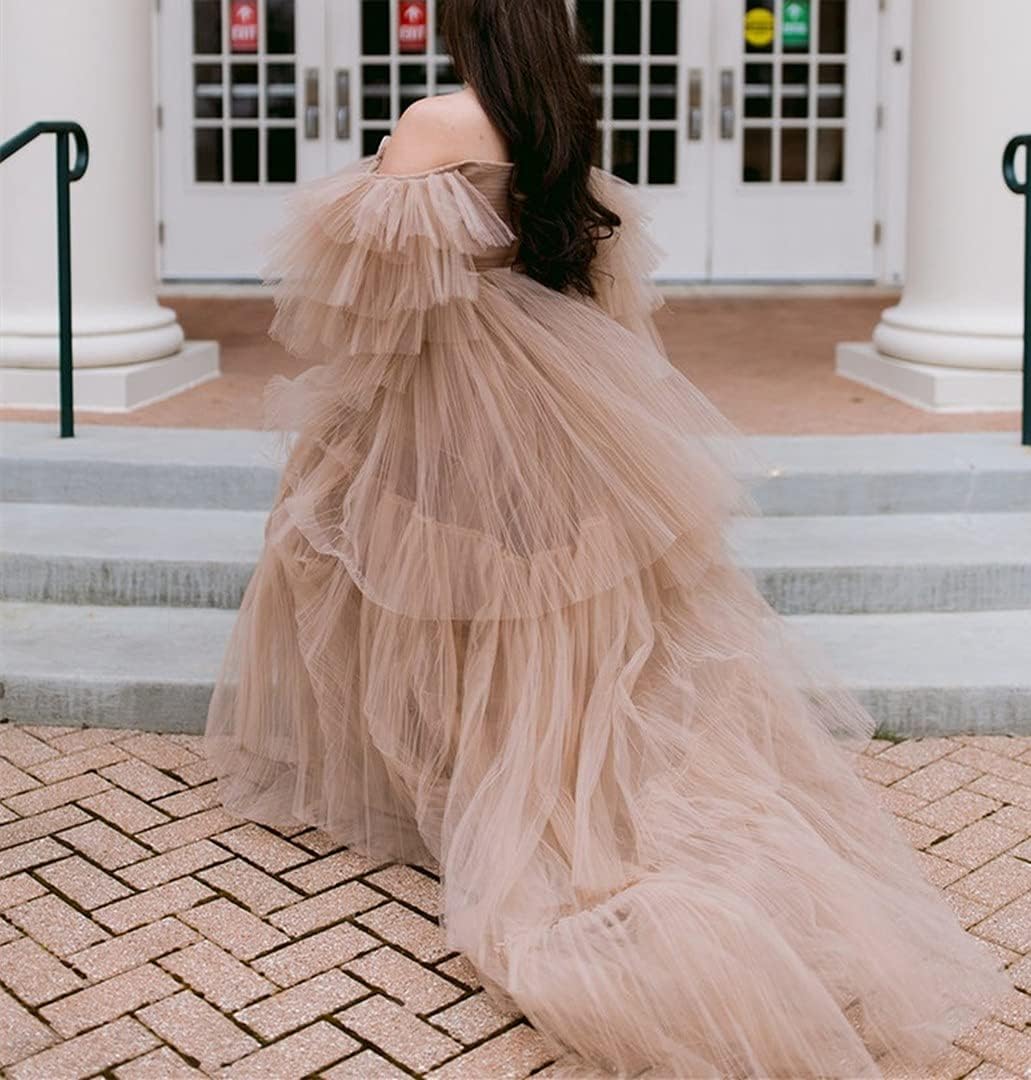 BATHGOWN Maternity Robe for Photoshoot Off the Shoulder Lingerie Tulle Robe Nightgown for Baby Shower