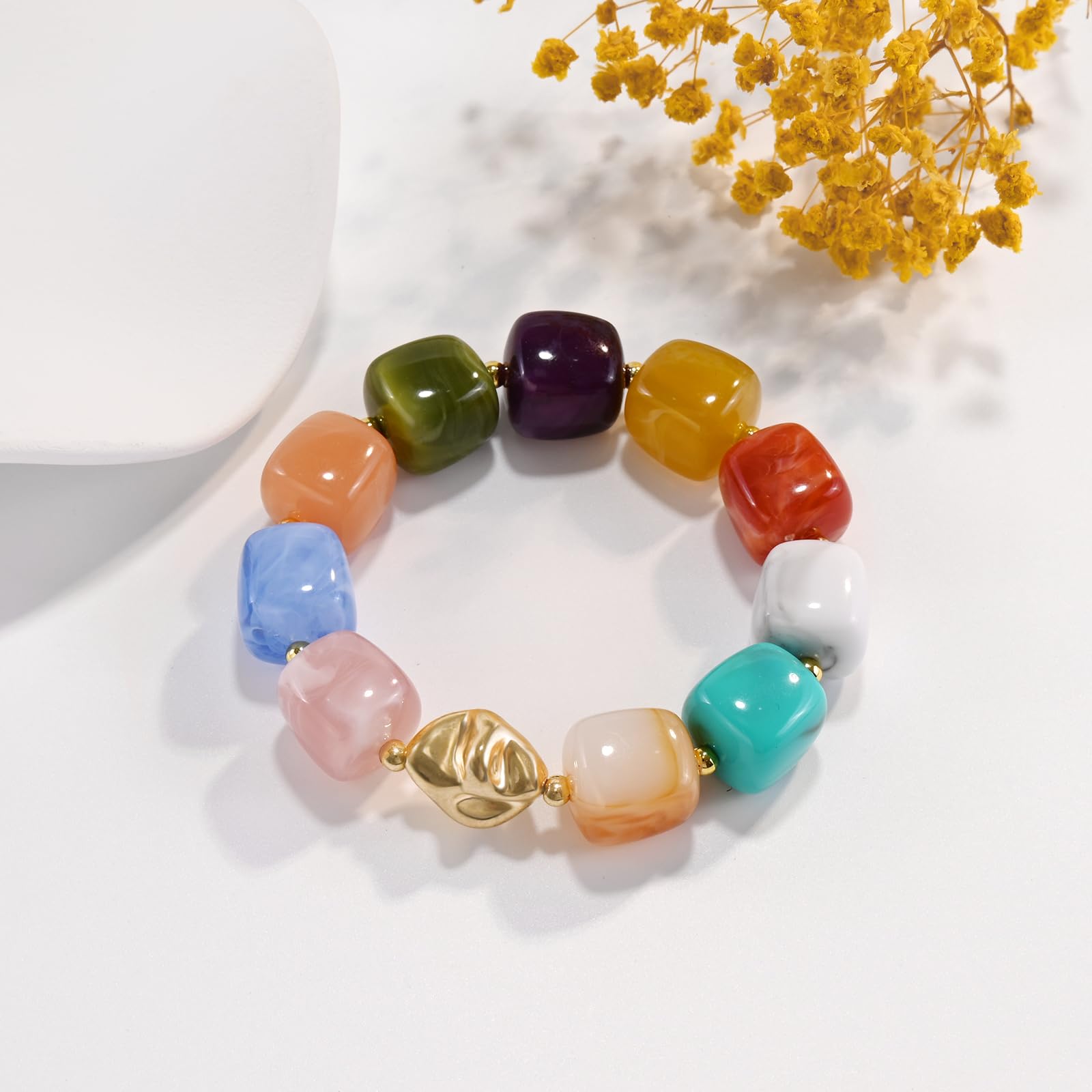 Braccialetto con perline grosse da donna, multicolore, con grandi perline in resina acrilica, elastico e allungabile, braccialetti alla moda e di tendenza, gioielli boho per vacanze estive al mare.
