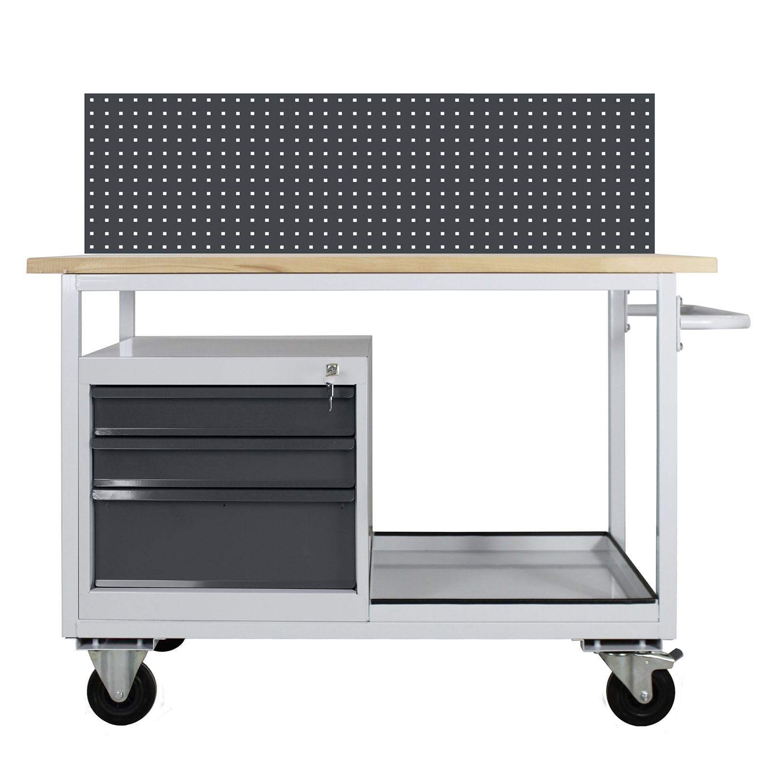 Établi mobile anthracite RAL 7016 - 1 300 x 600 x 827 mm - Charge maximale : 500 kg - Table de travail mobile avec étagère - Pour atelier, garage et industrie - Anthracite - Panneau perforé