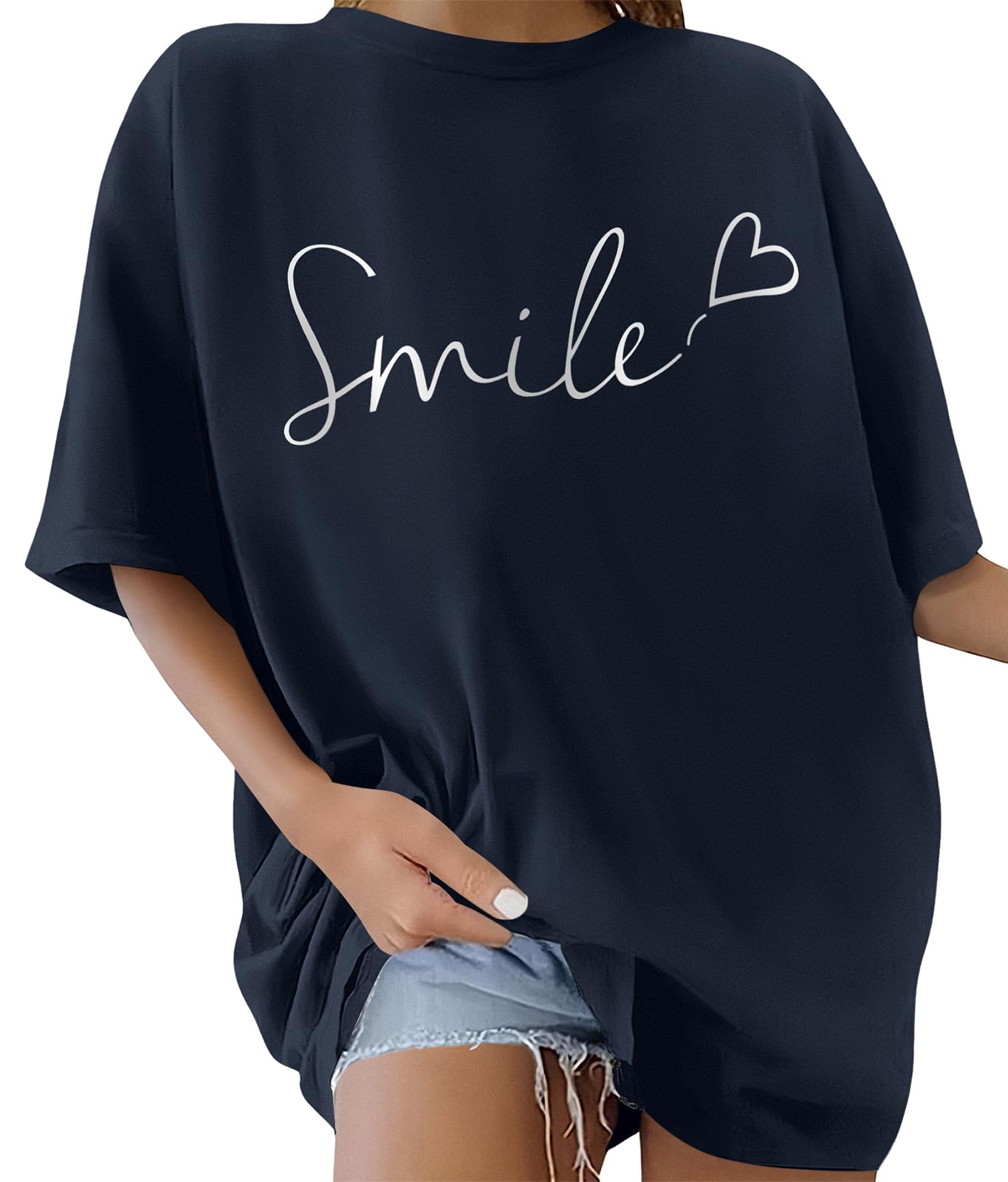heekpek T Shirt Damen Oversize Sommer Baumwolle Tshirt Rundhals Locker Lächeln Drucke Kurzarm T-Shirt Übergroße Casual Basic Top