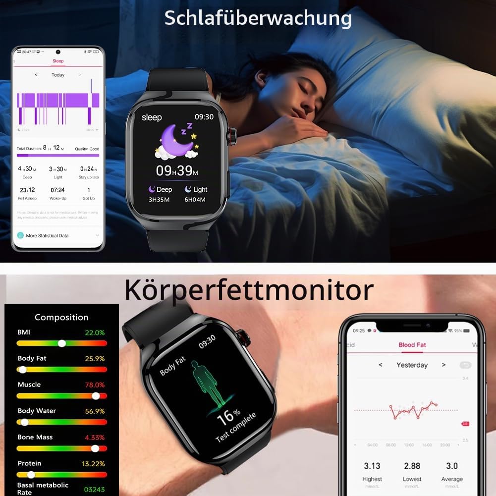 EKG Smartwatch mit Telefonfunktion Blutdruck SpO2 Herzfrequenz | Wasserdichte Fitnessuhr mit SOS, Sportuhr mit BMI Pulsmesser Schlafmonitor Schrittzähler für Android iOS