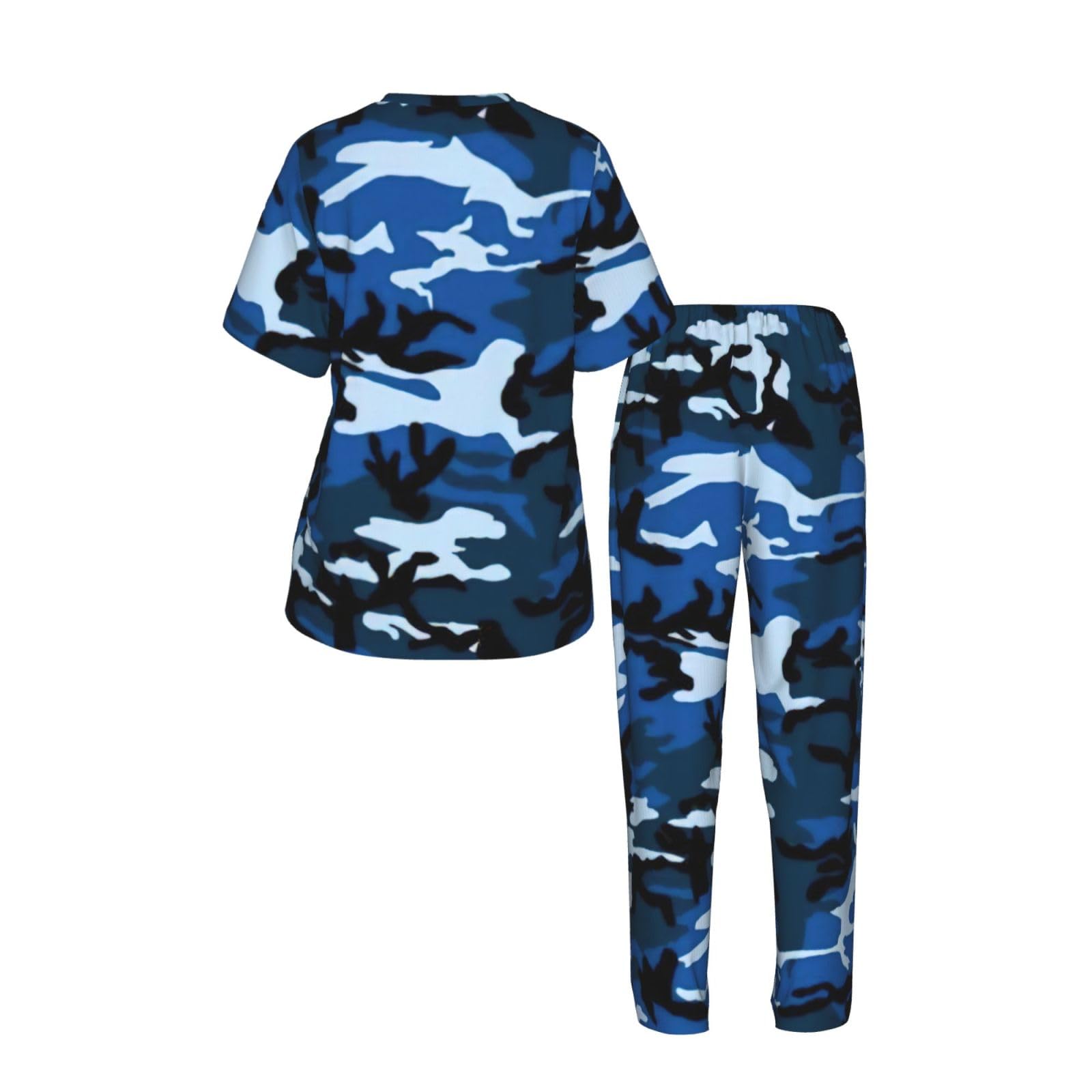 Niebieski Camo Print damska piżama z krótkim rękawem zestaw bielizna nocna letnia miękka wygodna domowa bielizna nocna