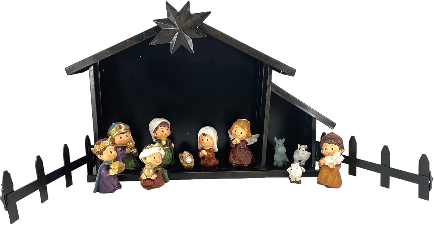 11 Piece Childrens Nativity Set with Metal Creche 11 x 8 Inches
