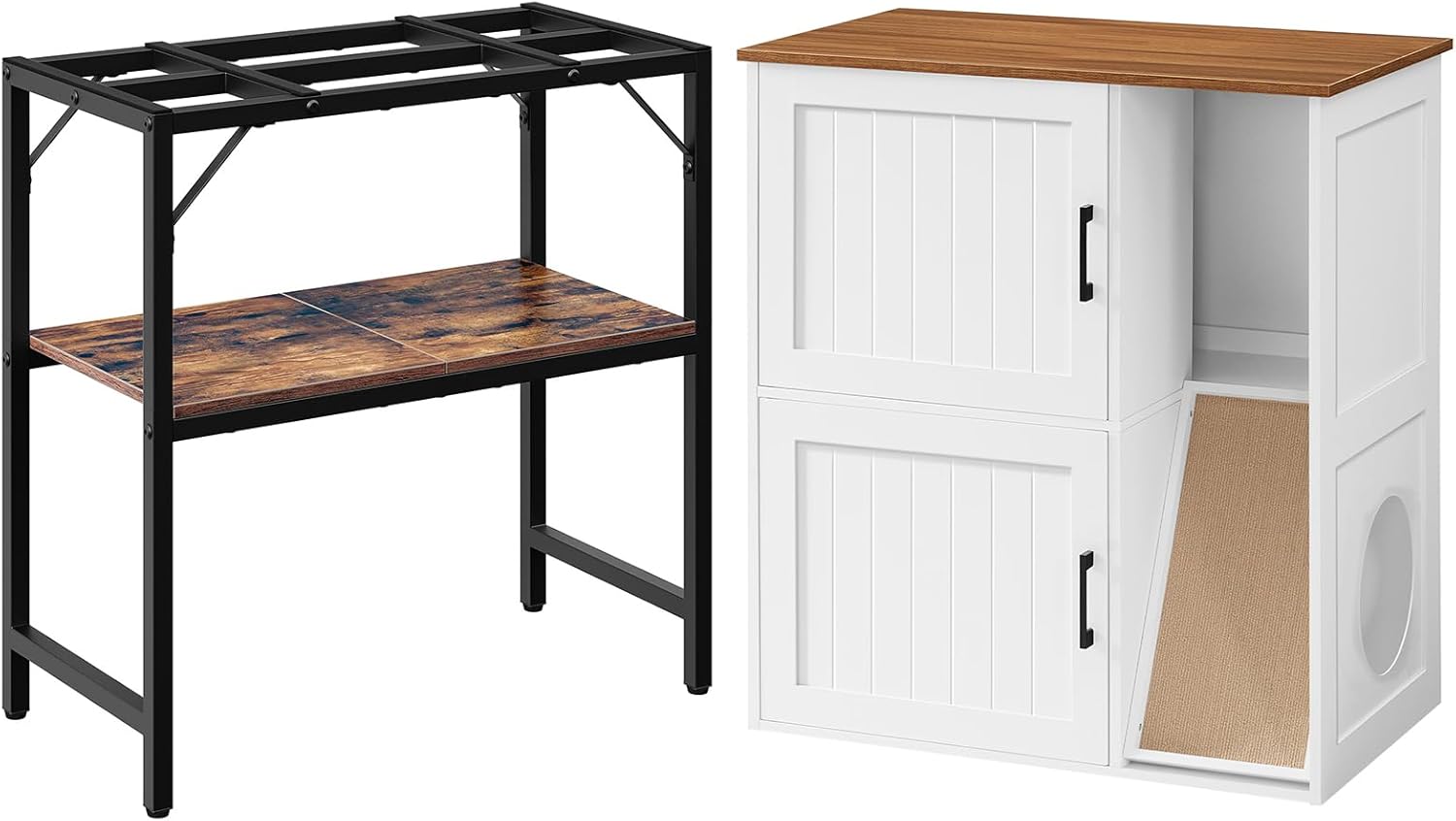 Fish Tank Stand and Litter Box Enclosure Bundle, Aquarium Stand with 2-Tier Storage Shelves, Hidden Litter Box Furniture with Scratch Pad, for Home Living Room, FTHR2001-CWBZ3201