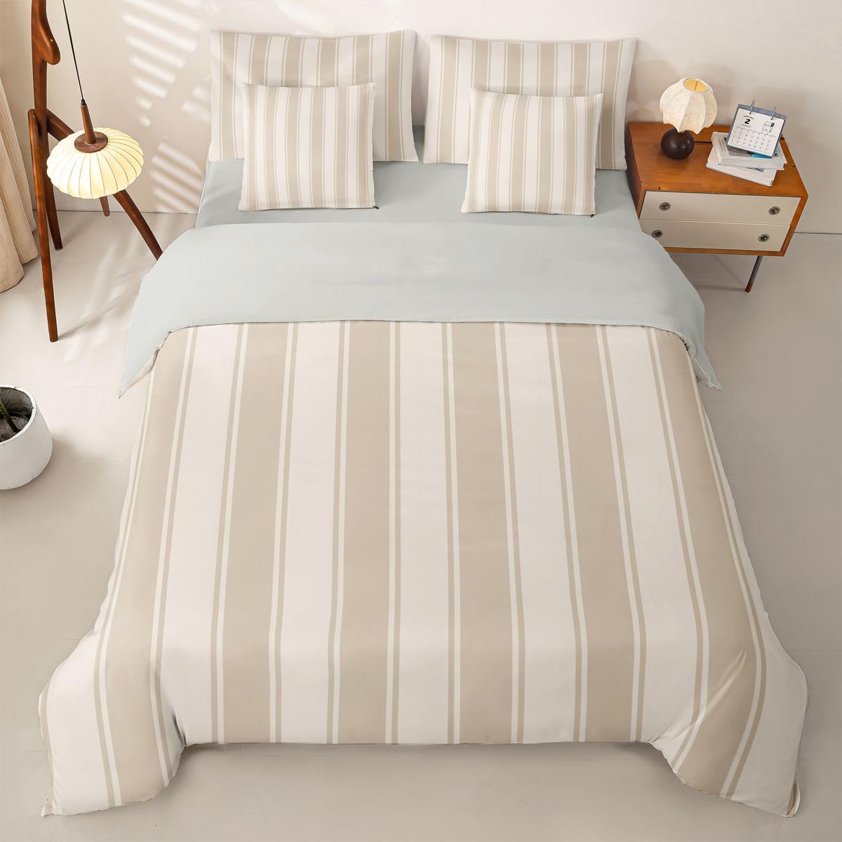 Homewish Set copripiumino king size a righe beige e marrone, 7 pezzi
