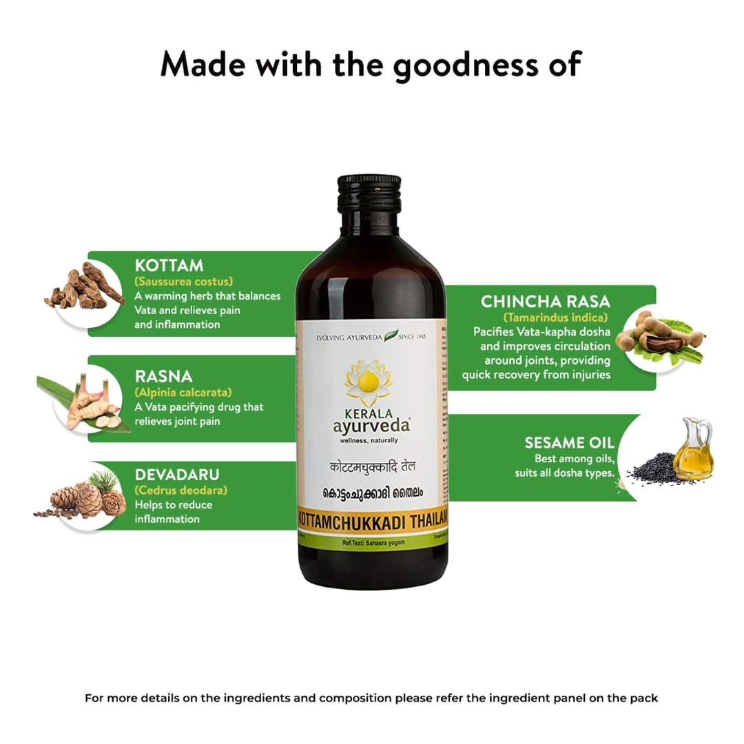 Kerala Ayurveda Kottamchukkadi Thailam 450 ML| For Tennis Elbow & Sports injuries | Relieves joint swelling and inflammation | Oil for Spondylosis| Cervical Spondylosis Pain Relief Oil | With Kottam, Chukku, Rasna, Devadaru in Sesame oil | 4