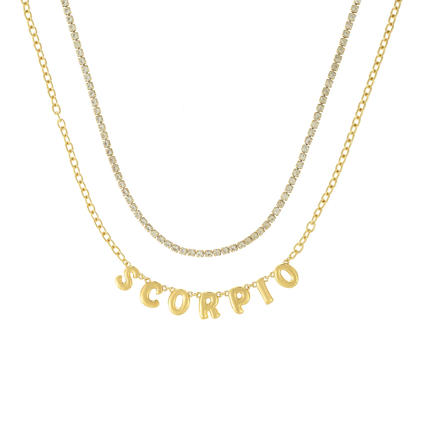MADISON TYLER Zodiac Bubble Letter Necklace Gold | Rhinestone Necklace for Women | Trendy Layered Necklaces for Women 2024 | Constellation Necklace