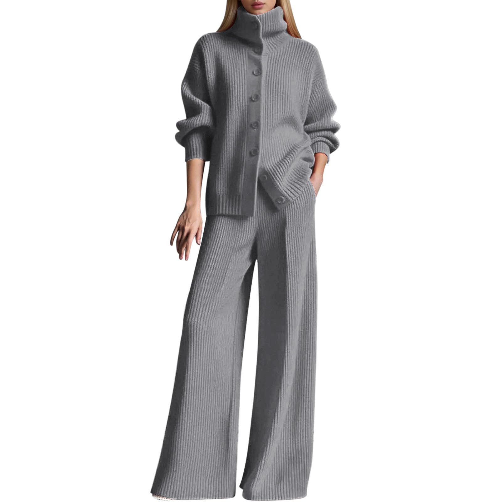 Elegantes Damen Strickensemble mit hochgeschlossenem Cardigan weiter Hose für einen modernen stilvollen