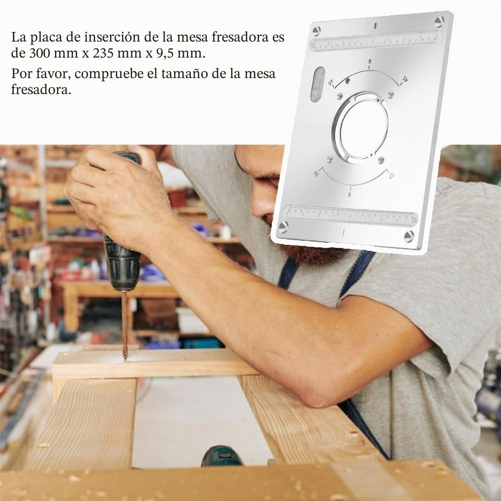 Fresadora de mesa con placa de inserción, router de aluminio, placa de inserción, con función de elevación, router, con 2 anillos y tornillos para rebajadora, trabajo de madera, 300 x 235 x 9,5 mm