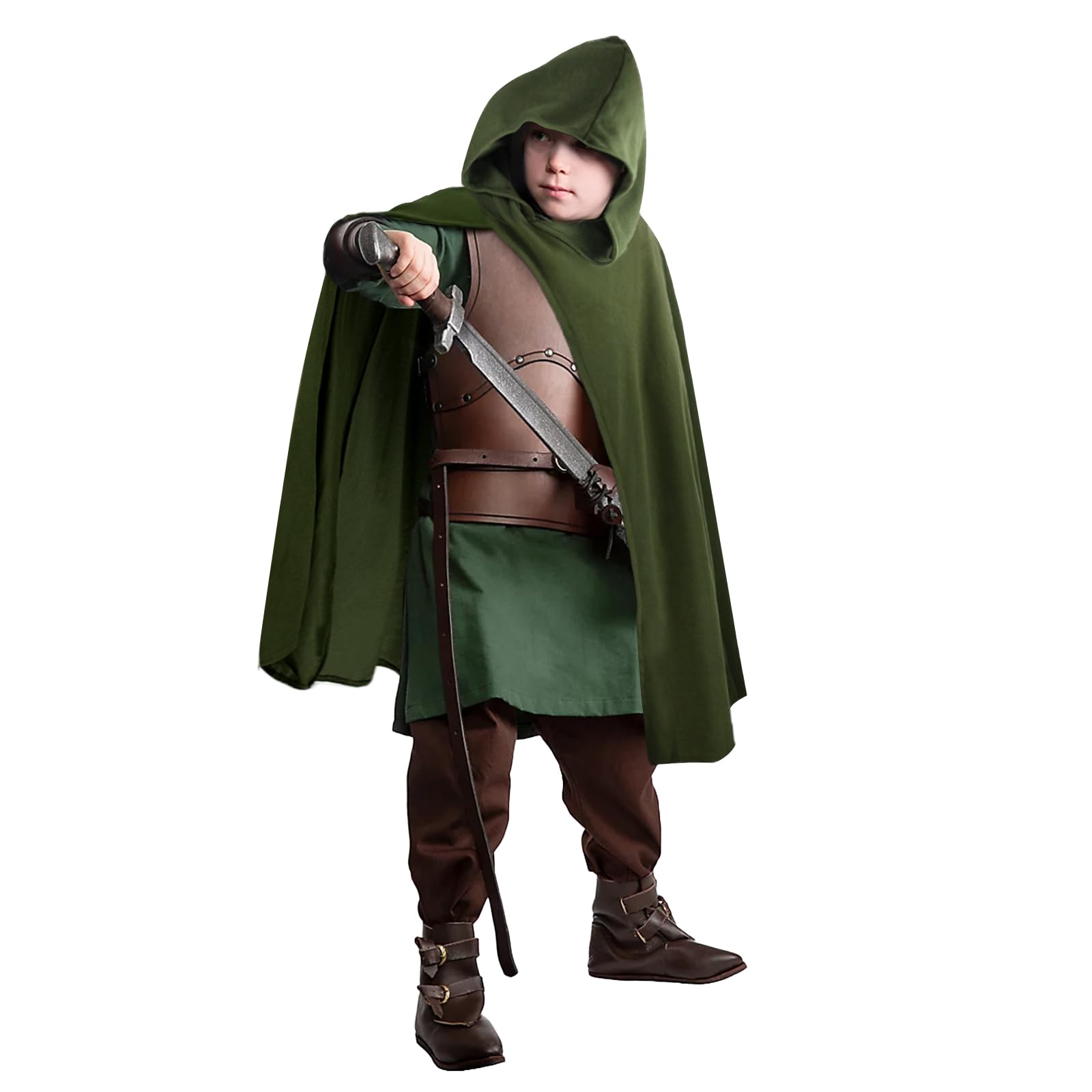 HODBLKT Green Renaissance Hooded Cape Witch Cloak Medieval Hobbit Cape with Hood for Halloween