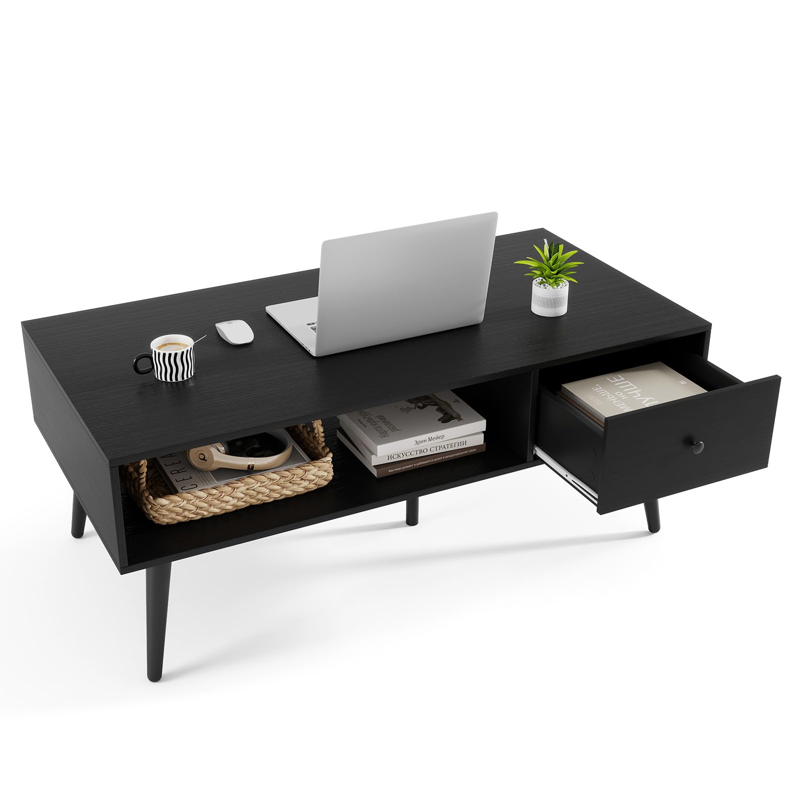 LIFEZEAL Tavolino Salotto, Tavolino da Caffè, da Divano, con 1 Cassetto, 1 Scomparto, per Soggiorno, Moderno, Basso, Salvaspazio, in Legno, Metallo, Montaggio Facile, Max 90kg, 109x55x39,5cm, Nero