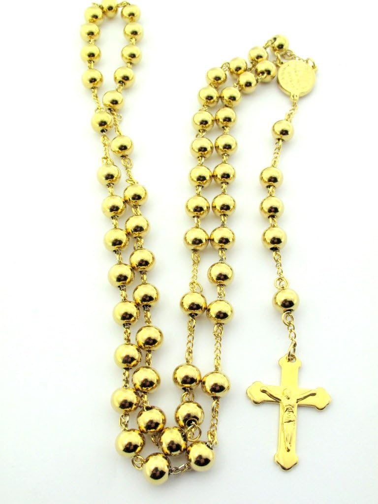 14k YELLOW GOLD FINISH 8MM MENS, ROSARY CHAIN NECKLACE CROSS