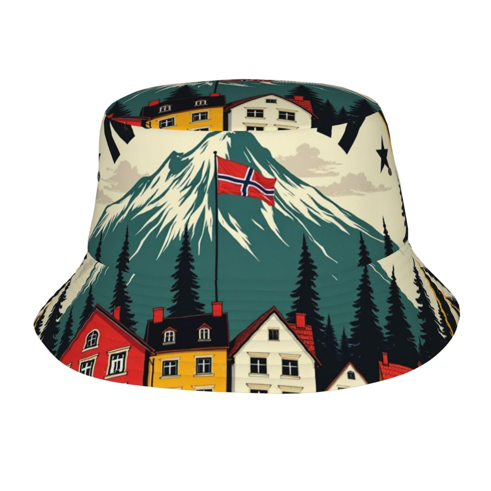 DUWAA Norway Bergen Houses Print Bucket Hat, Foldable Summer Travel Beach Sun Hat,Outdoor Cap, Wide-Brim Hat for Men Women Black