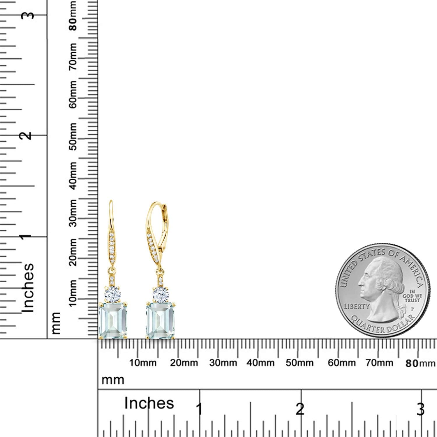 Gem Stone King 4-5 Cttw Leverback Drop Dangle Earrings For Women | 18K Yellow Gold Plated Silver | Emerald Cut 9X7MM Gemstone Birthstone | Fine Jewelry Gifts for Mom Her Anniversary Wedding