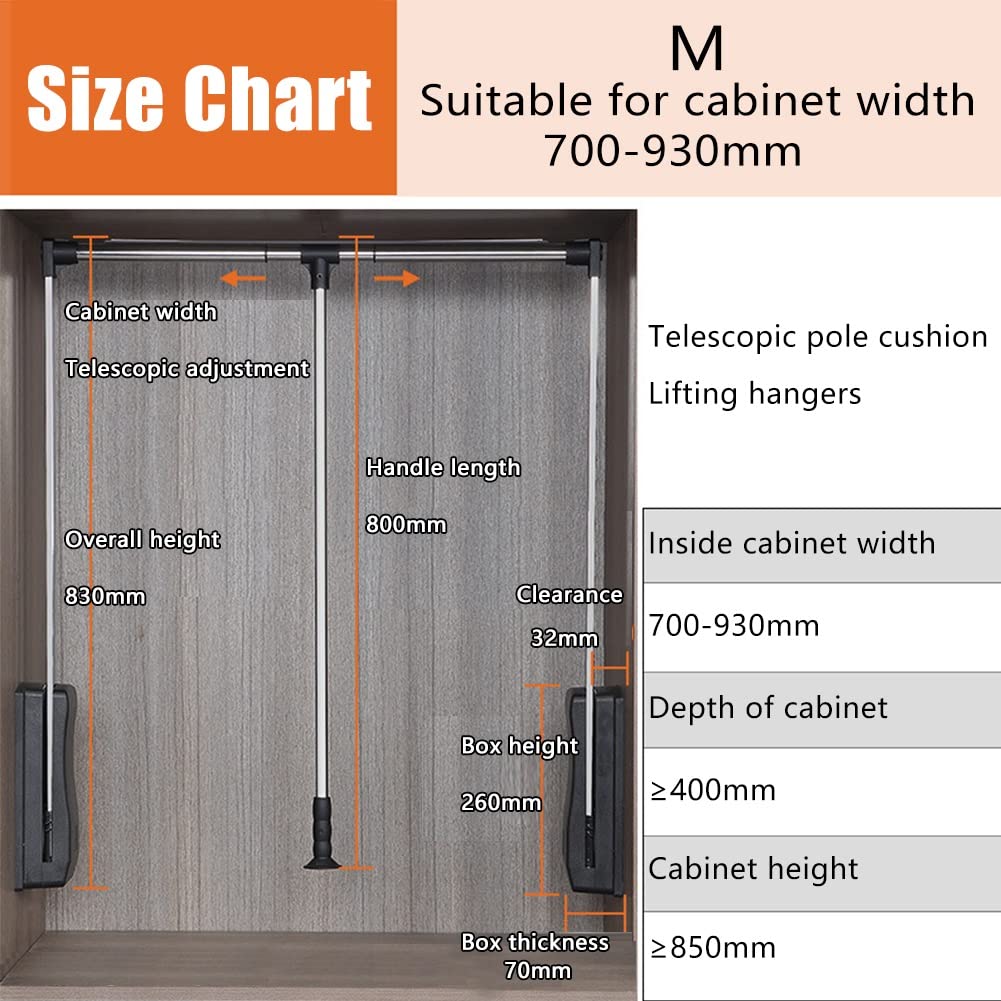 DYK&NX Appendiabiti Saliscendi Regolabile Armadio, ventole per Abiti Pieghevoli Bastone, Automatico con Apertura e Chiusura Assistita, Carico Massimo 40 kg, per Armadio Guardaroba (Size : 700-930mm)