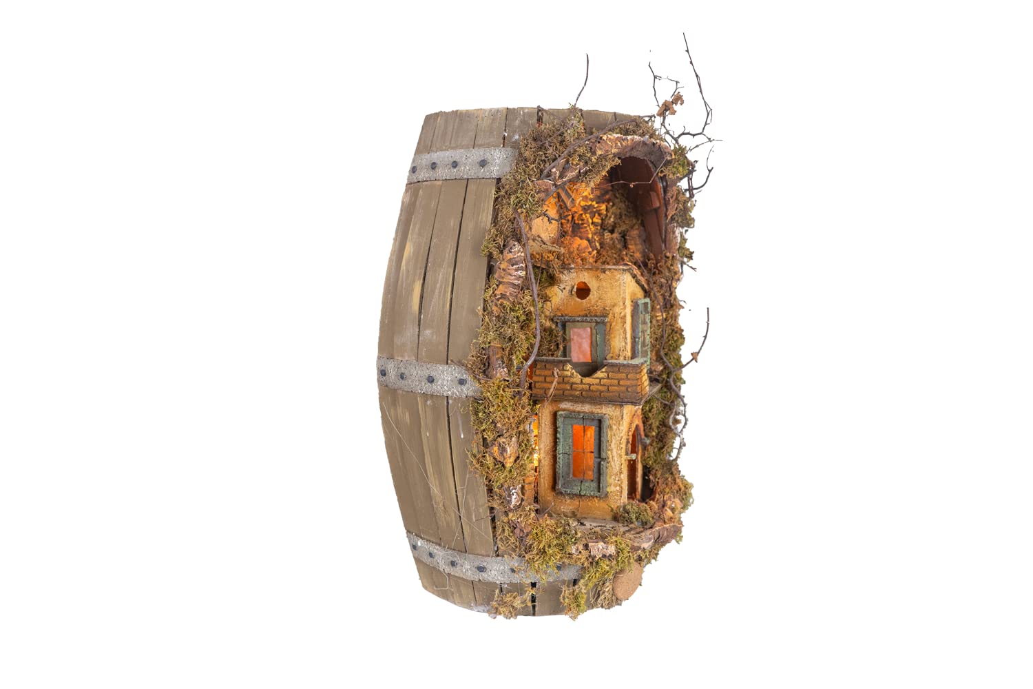 Belén de barril con pozo 48 x 27 x 58 cm (18,89 x 10,62 x 22,83 Inch) con luces y molino de viento, Decoración Navideña | Apto para figuras de 8 cm | Fabricado y pintado a mano, fabricado en Italia