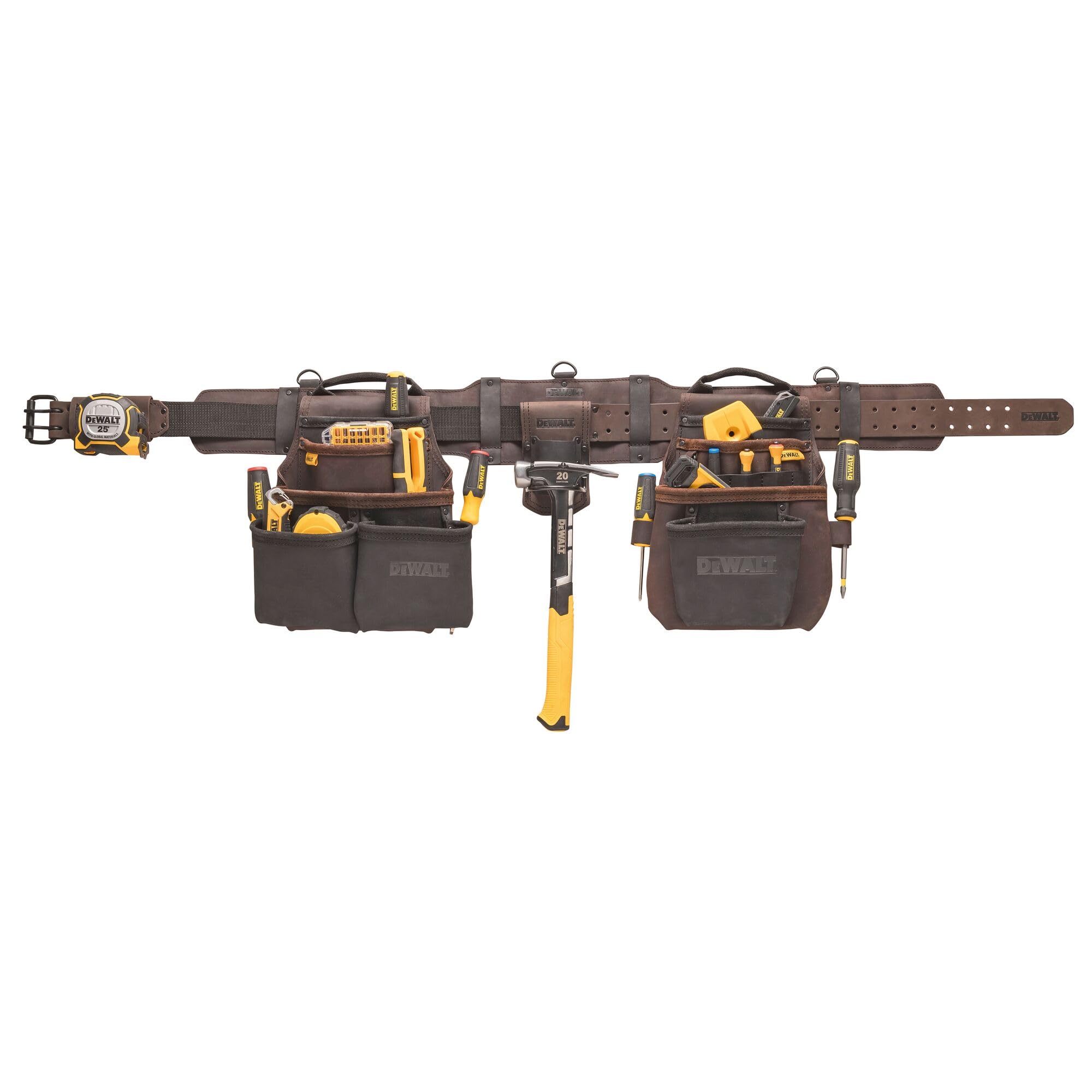 DEWALT Cinturón de herramientas, cinturón ajustable, 18 bolsillos, cuero, marrón (DWST550113)
