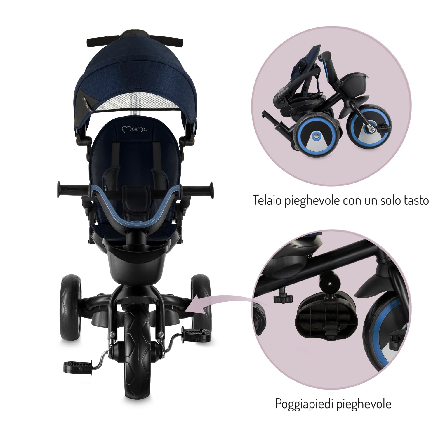 Triciclo per bambini MoMi IVI, seduta girevole 360°, cinture a 3 punti, poggiapiedi, tettuccio parasole, ruote EVA, manubrio regolabile, borsa e cestino portaoggetti