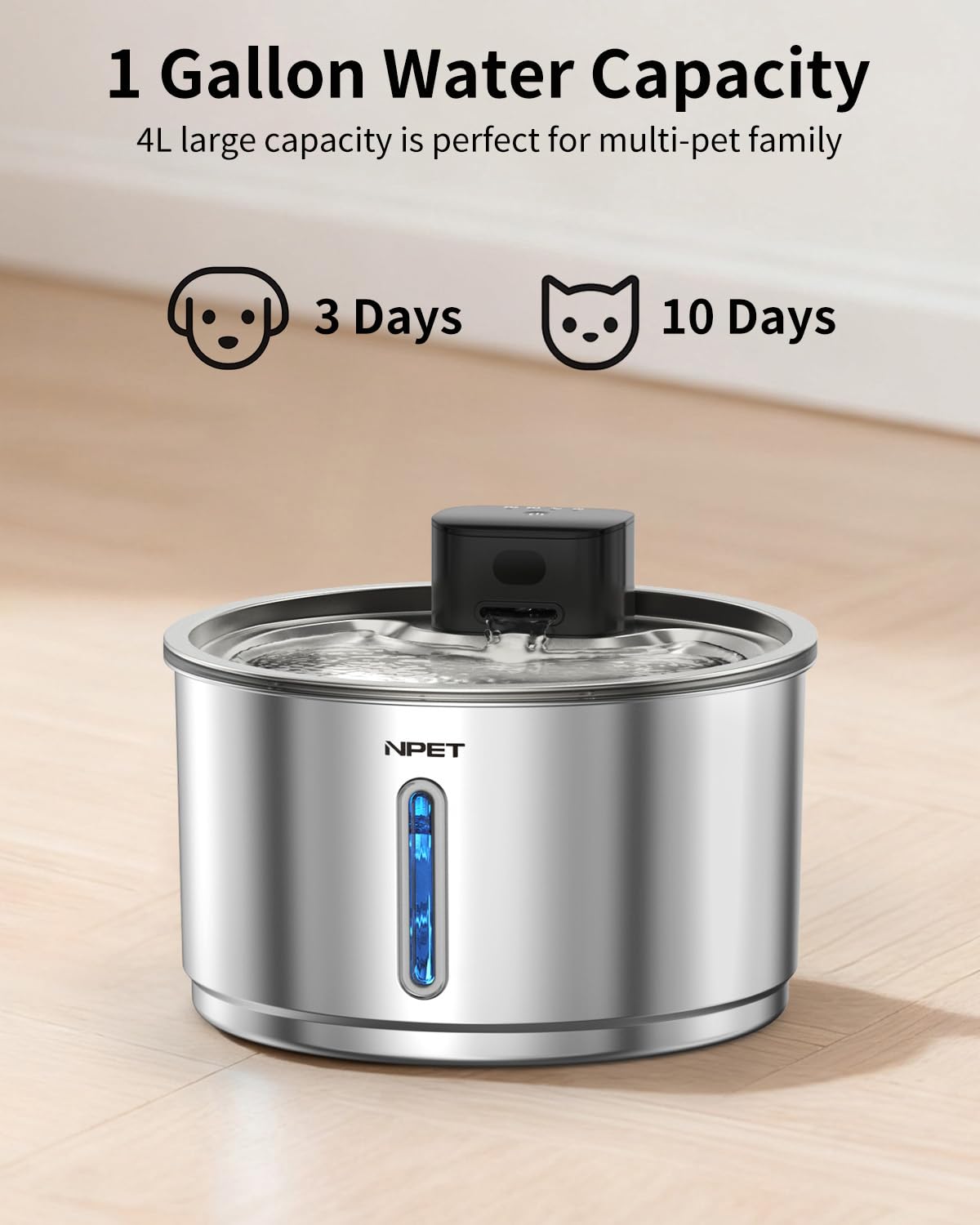 NPET Fuente inalámbrica de acero inoxidable para gatos, 1 galón/138 onzas, funciona con pilas, fuente automática para mascotas, dispensador de agua inalámbrico para perros con 8 filtros de repuesto