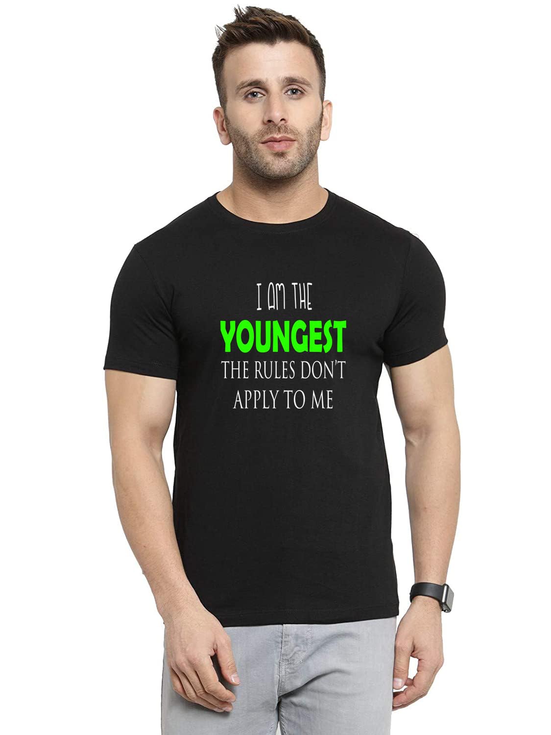 I Am The Youngest Printed T-Shirt for Men – Black, Sarcastic Brother Sister Relationship Theme, Soft Cotton, Half Sleeve, Round Neck, Sizes S to XXL (36 to 44 Inch)