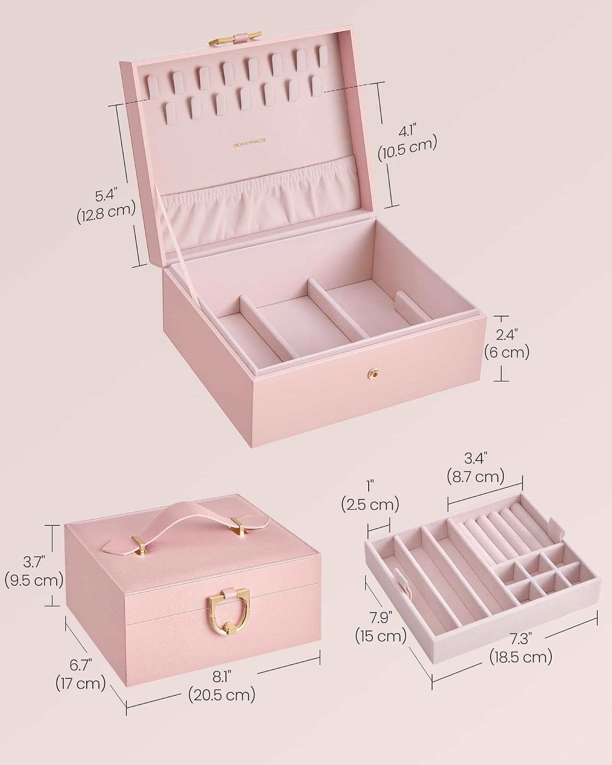 SONGMICS 2-Layer Jewelry Box Organizer, Jewelry Storage Case with Removable Tray and Handle, for Necklaces, Earrings, Rings, Bracelets, 6.7 x 8.1 x 3.7 Inches, Gift Idea, Jelly Pink UJBC208SA01S